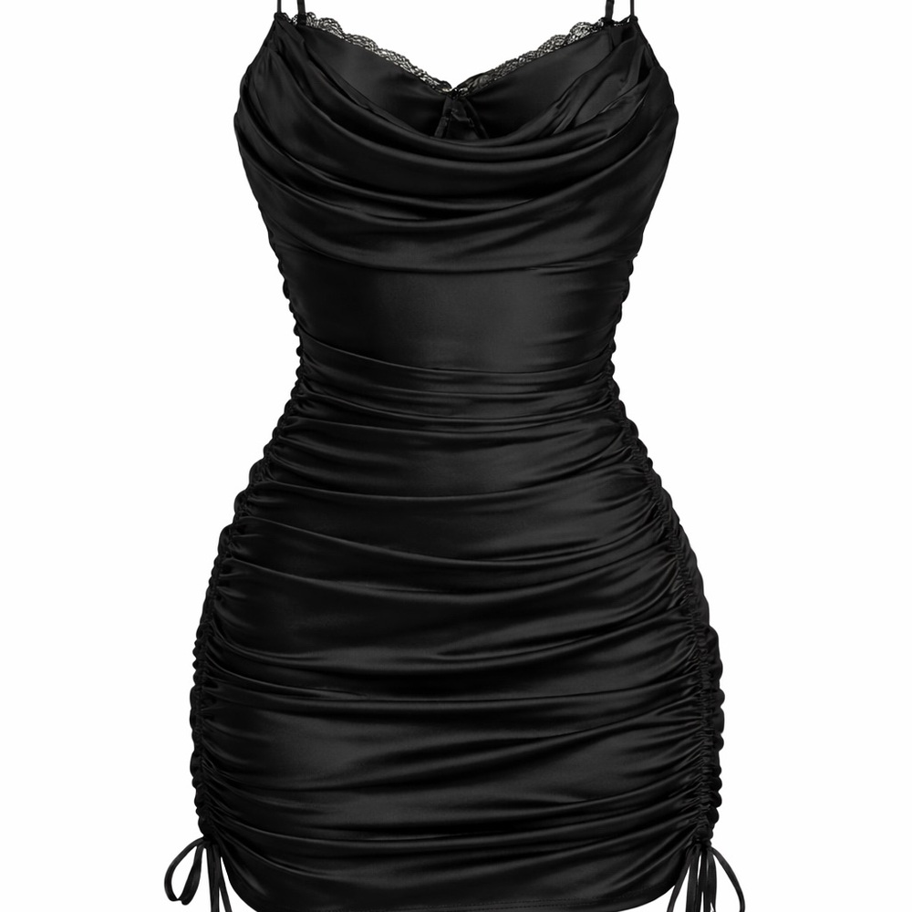 Oh Polly Black Satin Ruched Mini Dress Size US 10 (UK 14)